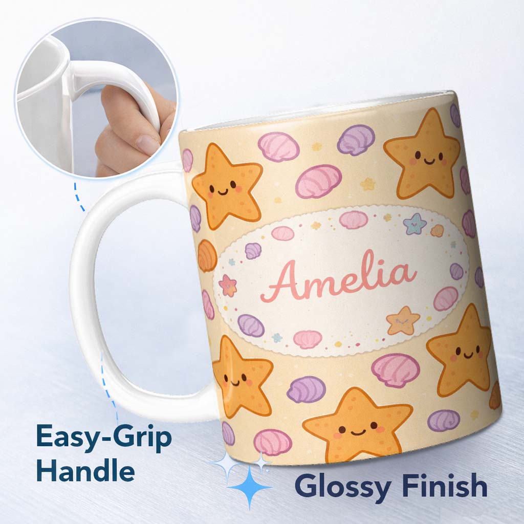 Personalized Custom Name Cute Starfish Shell Cartoon Ocean Animal Pattern Cute Unique Gift 11oz Ceramic Coffee Tea Mug White Large Handle