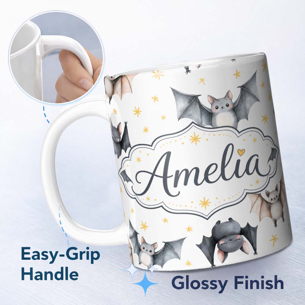 Personalized Custom Name Cute Watercolor Bats and Stars Seamless Pattern Warm Sand Background 11oz Ceramic Coffee Tea Mug White Large Handle