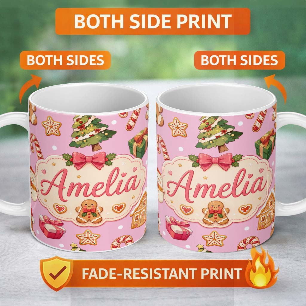 Personalized Custom Name Cute Gingerbread Man Christmas Tree Candy Cane Holiday Pattern Pink 11oz Ceramic Coffee Tea Mug White Large Handle
