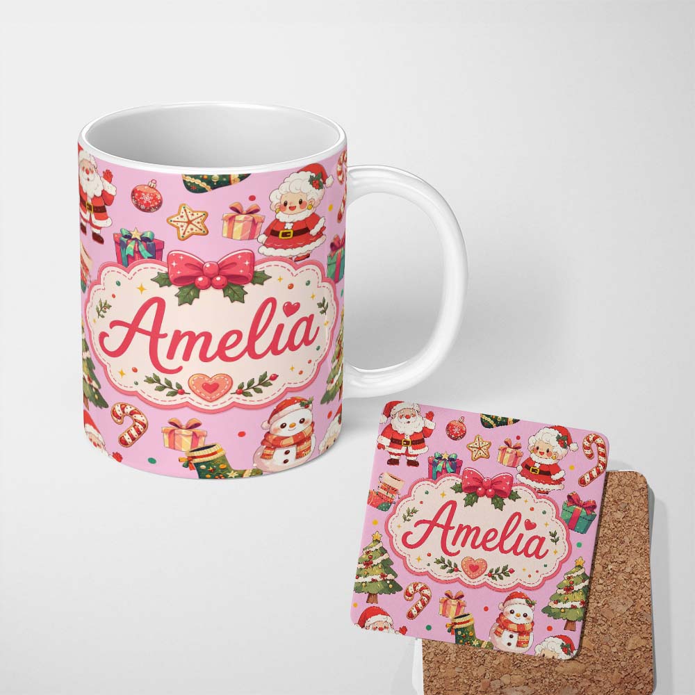 Personalized Custom Name Cute Santa Claus Mrs Claus Snowman Christmas Gift Candy Cane Pink 11oz Ceramic Coffee Tea Mug White Large Handle