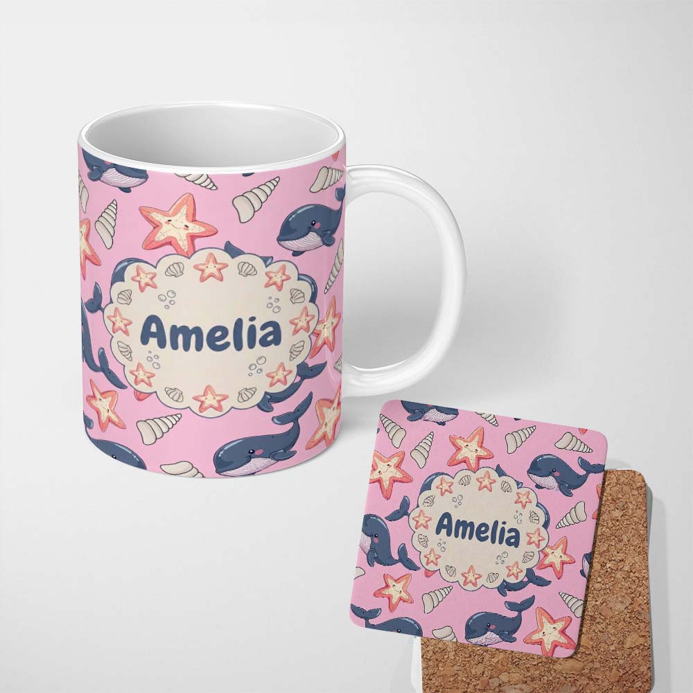 Personalized Custom Name Cute Kawaii Whale Starfish Seashell Ocean Animals Rose Background 11oz Ceramic Coffee Tea Mug White Large Handle