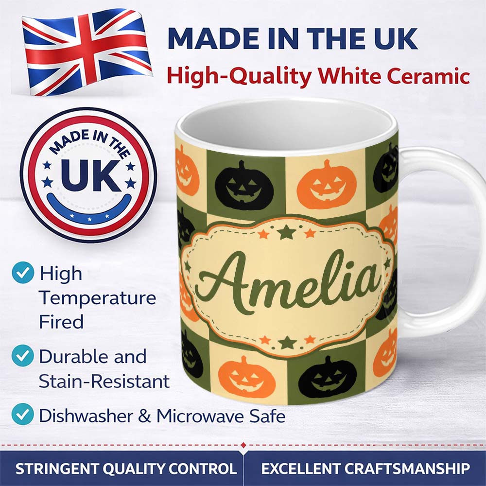 Personalized Custom Name Olive Pumpkin Checkerboard Rustic Autumn Seamless Pattern UK Name 11oz Ceramic Coffee Tea Mug White Large Handle