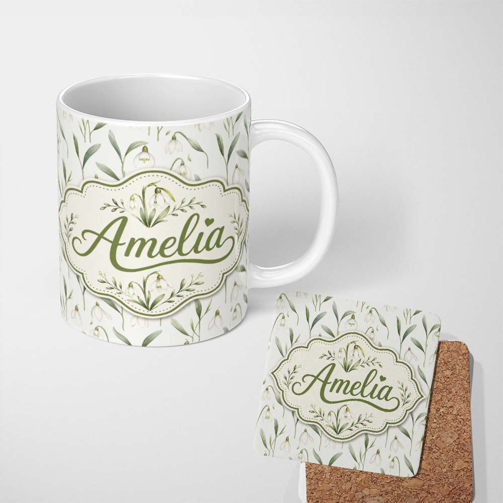 Personalized Custom Name Minimalist White Bell Floral on Subtle Neutral Background Seamless 11oz Ceramic Coffee Tea Mug White Large Handle