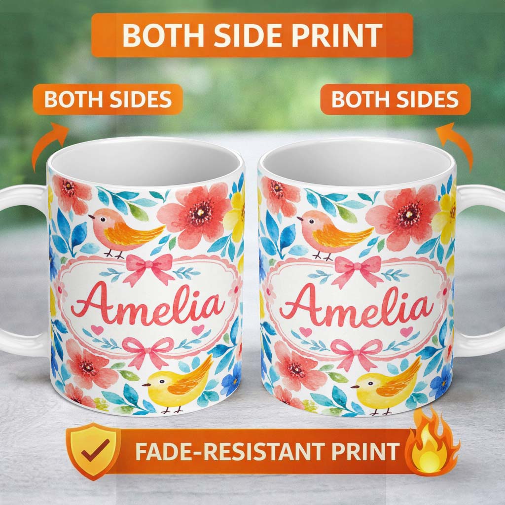 Personalized Custom Name Watercolor Bird Floral Botanical Seamless Pattern Cute Unique Gift 11oz Ceramic Coffee Tea Mug White Large Handle