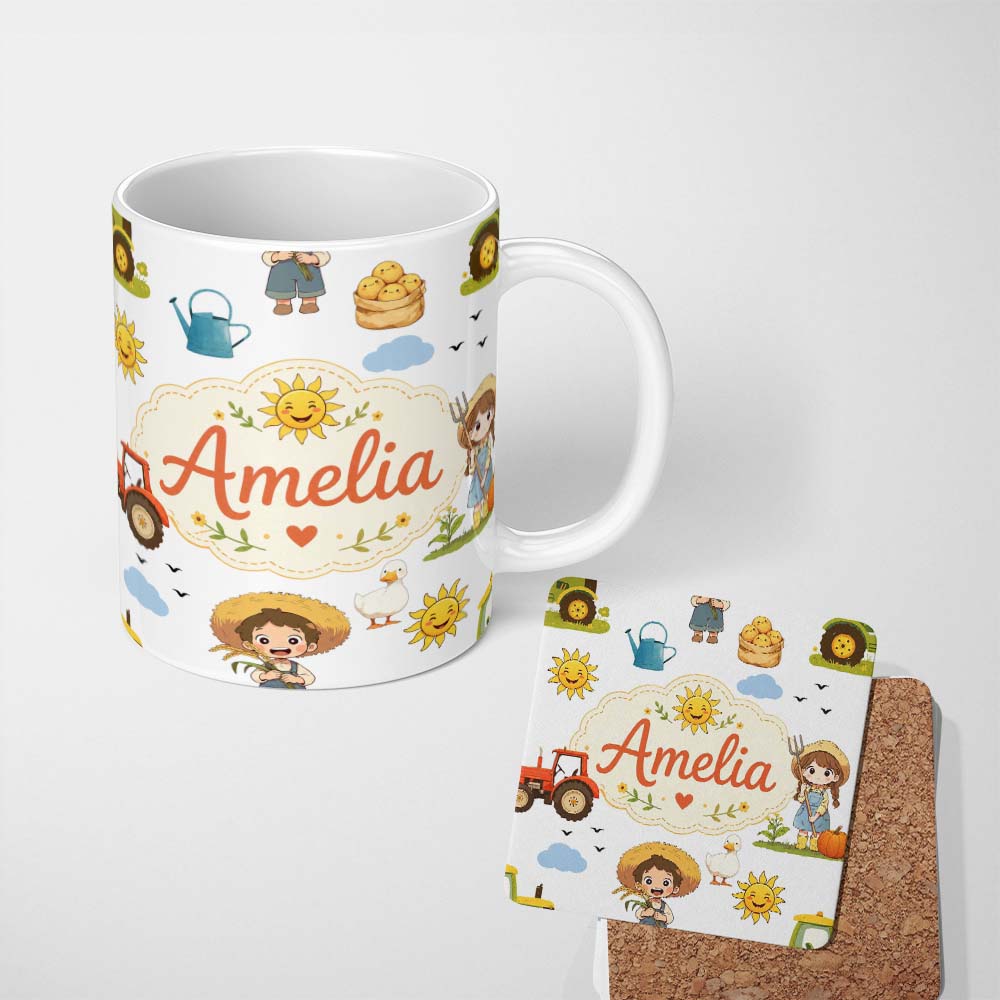 Personalized Custom Name Cute Farm Tractor Duck Girl with Clouds White Background Seamless 11oz Ceramic Coffee Tea Mug White Large Handle