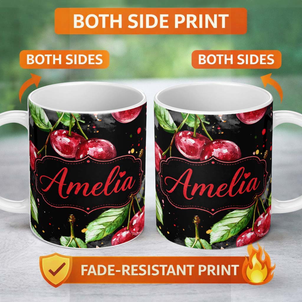 Personalized Custom Name Watercolor Cherry Fruit Dark Artistic Splash Seamless Pattern Lovely 11oz Ceramic Coffee Tea Mug White Large Handle