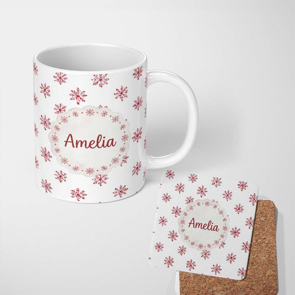 Personalized Custom Name Minimal Red Snowflake Watercolor Christmas Seamless Pattern on Soft 11oz Ceramic Coffee Tea Mug White Large Handle