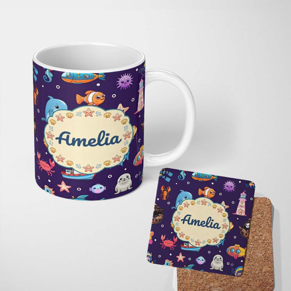 Personalized Custom Name Cartoon Sea Animals Diver Dolphin Shark Crab Boat Purple Bubble 11oz Ceramic Coffee Tea Mug White Large Handle