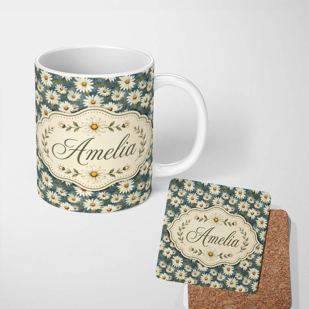 Personalized Custom Name Dark Teal Background White Daisy Floral Seamless Pattern Lovely 11oz Ceramic Coffee Tea Mug White Large Handle