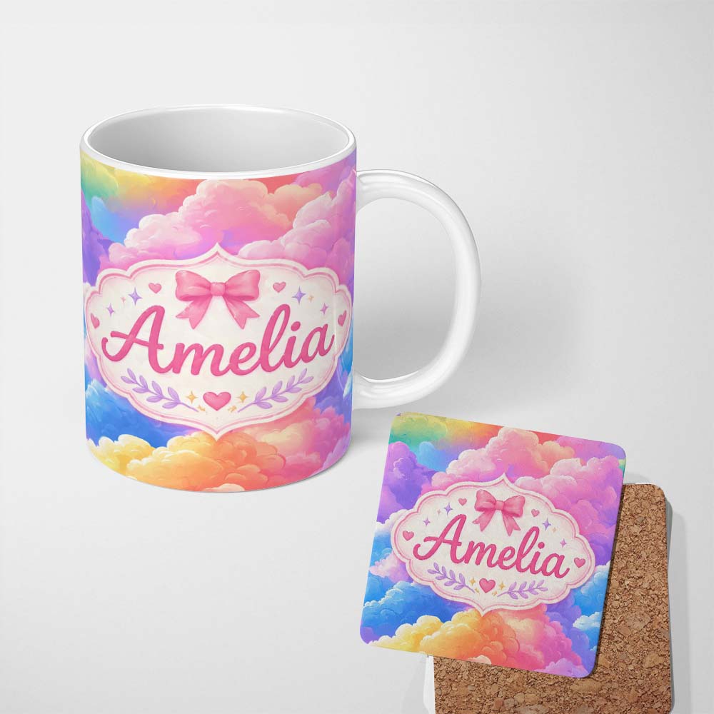 Personalized Custom Name Pastel Rainbow Cloud Sky Dreamy Seamless Pattern Cute Unique Gift 11oz Ceramic Coffee Tea Mug White Large Handle
