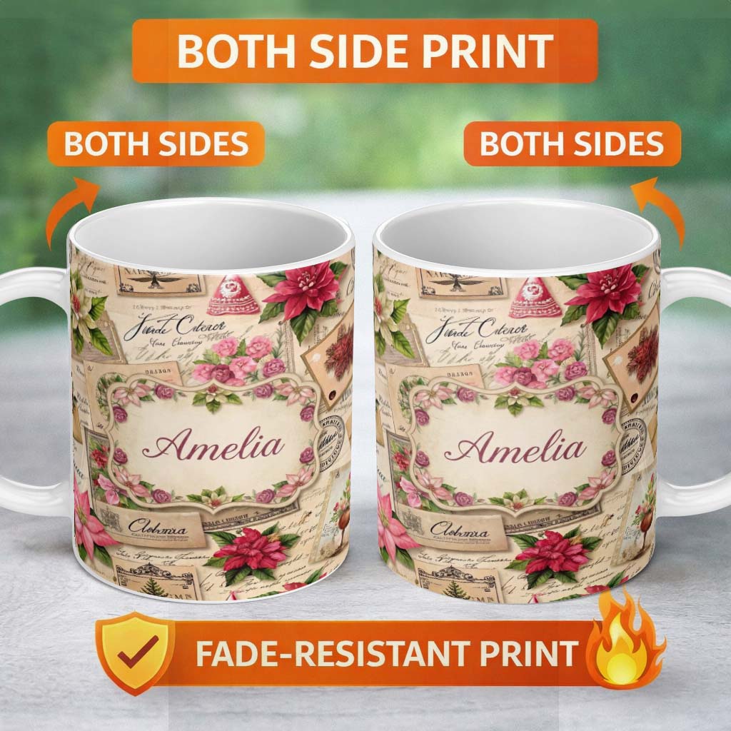 Personalized Custom Name Vintage Floral Christmas Cards Poinsettia Roses and Antique Paper 11oz Ceramic Coffee Tea Mug White Large Handle