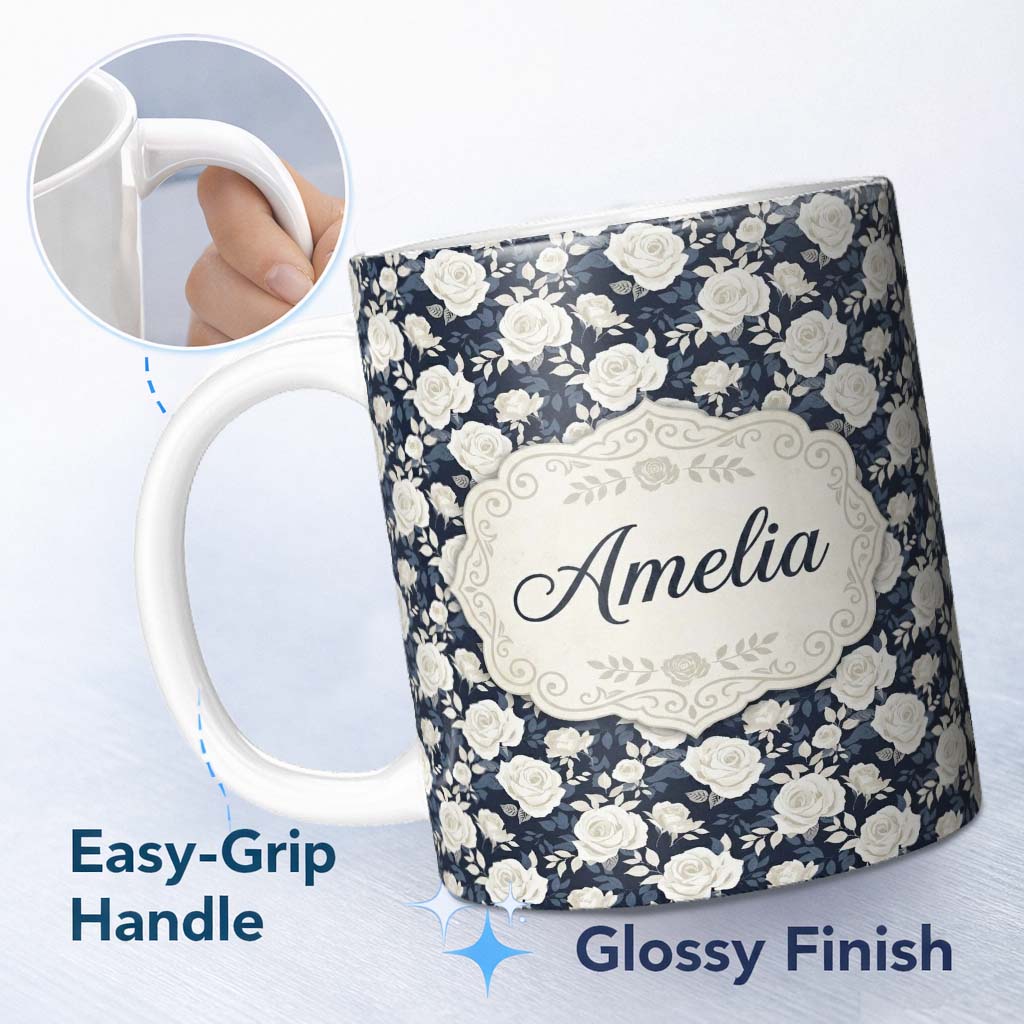 Personalized Custom Name White Rose Floral Pattern on Navy Blue Background Seamless Pattern 11oz Ceramic Coffee Tea Mug White Large Handle