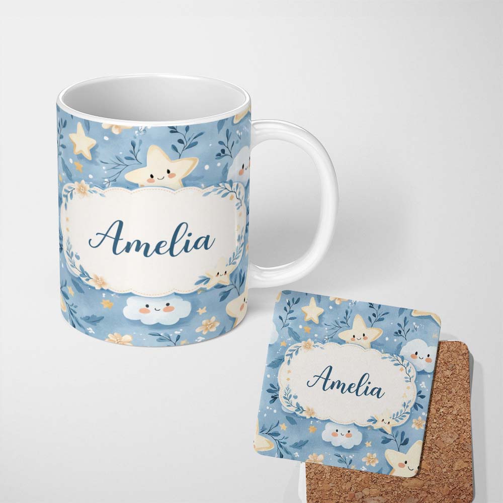 Personalized Custom Name Cute Star and Cloud Blue Sky Pattern Nursery Design Cute Unique Gift 11oz Ceramic Coffee Tea Mug White Large Handle