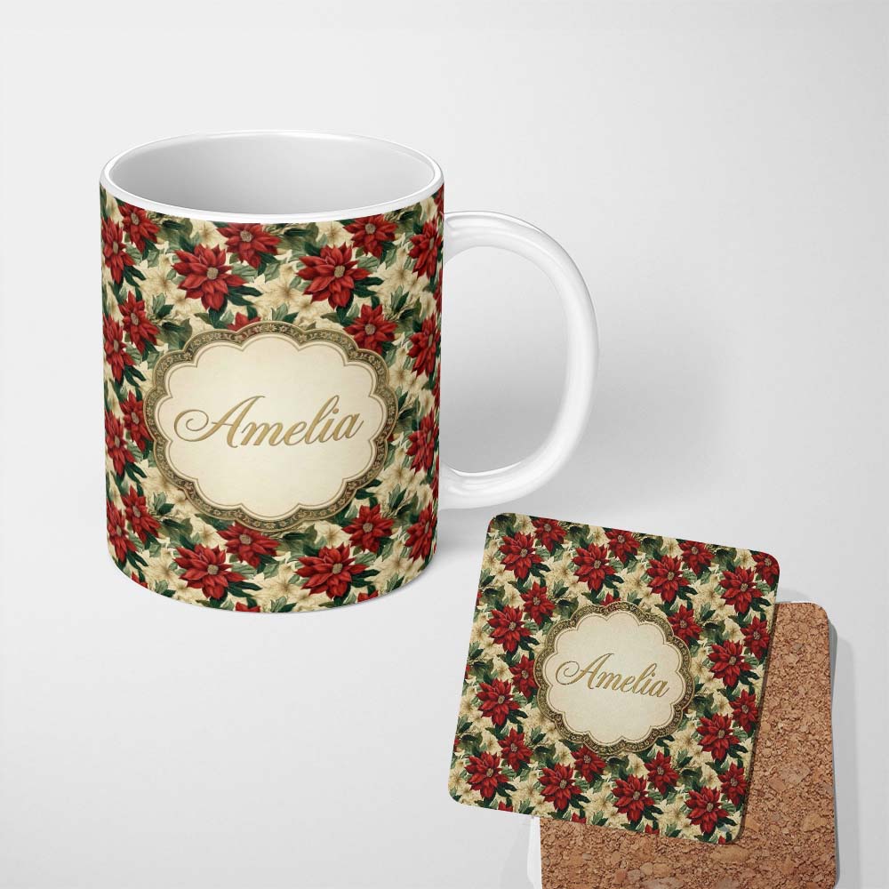 Personalized Custom Name Cream Floral Poinsettia Botanical Vintage Seamless Pattern Lovely 11oz Ceramic Coffee Tea Mug White Large Handle