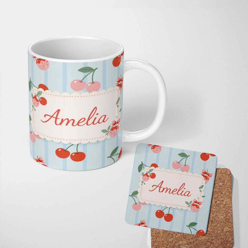 Personalized Custom Name Cherry Fruit Vertical Stripe Blue Background Seamless Pattern Lovely 11oz Ceramic Coffee Tea Mug White Large Handle