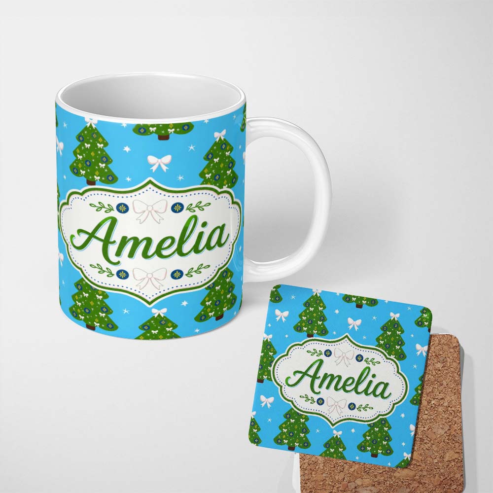 Personalized Custom Name Festive Christmas Trees with White Bows and Stars on Blue Background 11oz Ceramic Coffee Tea Mug White Large Handle