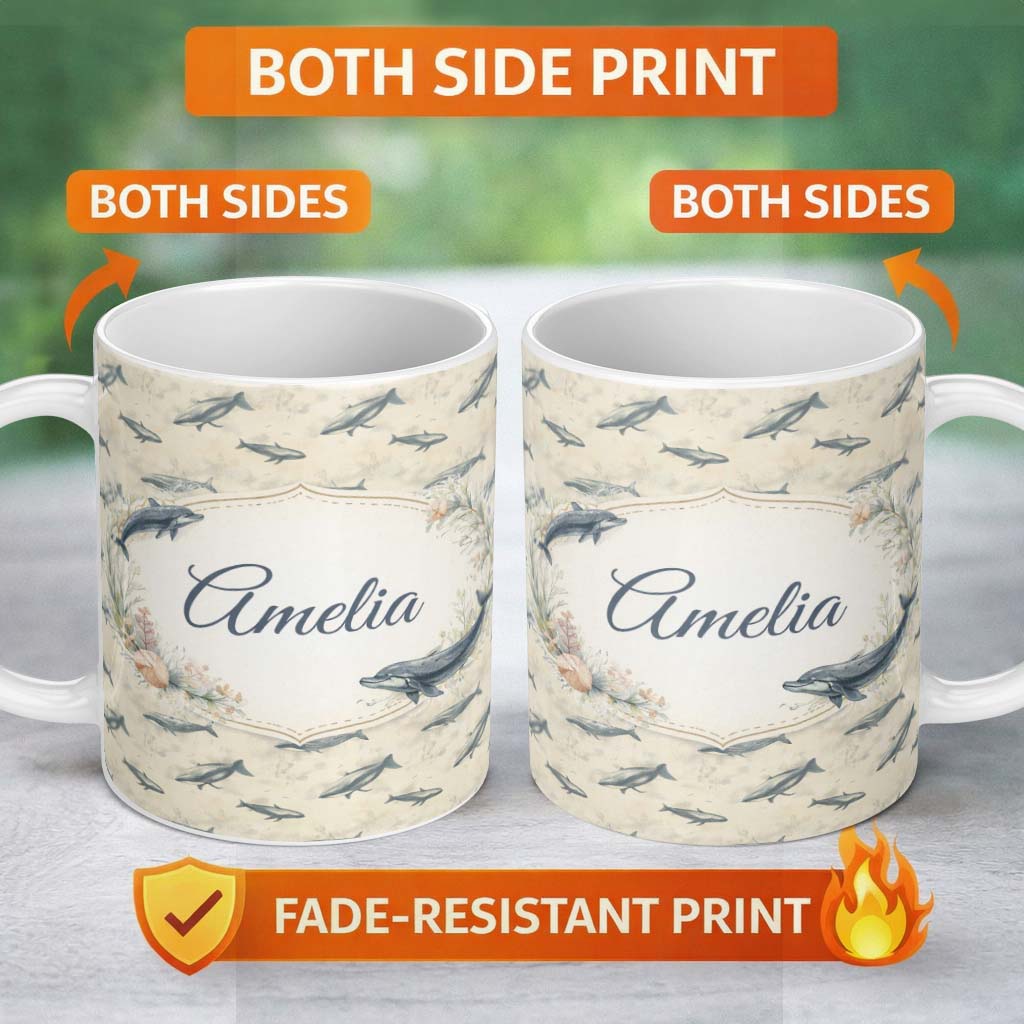 Personalized Custom Name Vintage Whale Seamless Pattern Soft Beige Marine Animal Design 11oz Ceramic Coffee Tea Mug White Large Handle
