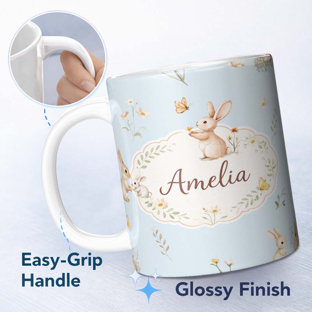 Personalized Custom Name Watercolor Bunny Floral Meadow Seamless Pattern on Blush Background 11oz Ceramic Coffee Tea Mug White Large Handle