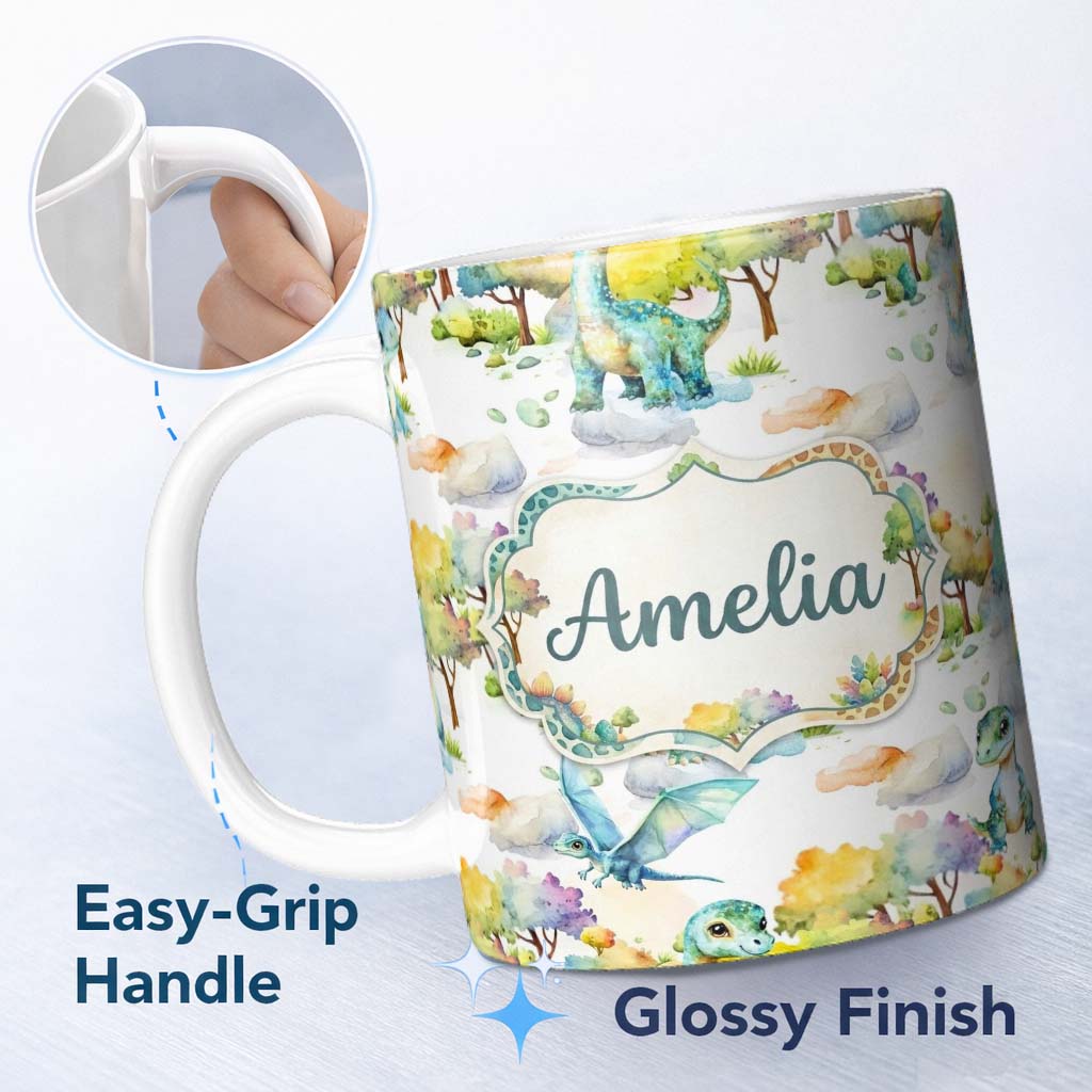 Personalized Custom Name Watercolor Cute Baby Dinosaur Forest Seamless Pattern Lovely 11oz Ceramic Coffee Tea Mug White Large Handle