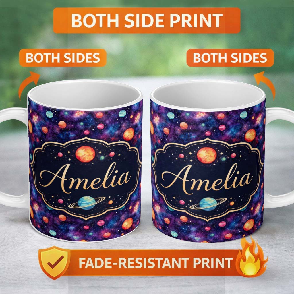 Personalized Custom Name Colorful Cartoon Planets Galaxy Purple Space Seamless Pattern Fun 11oz Ceramic Coffee Tea Mug White Large Handle