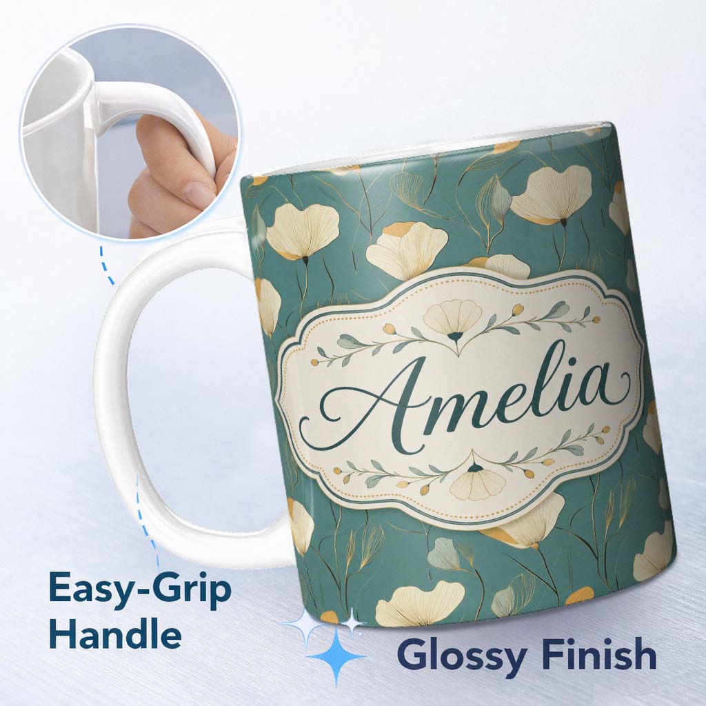 Personalized Custom Name Contemporary Teal Botanical Pattern with Soft Cream , Mustard Lovely 11oz Ceramic Coffee Tea Mug White Large Handle