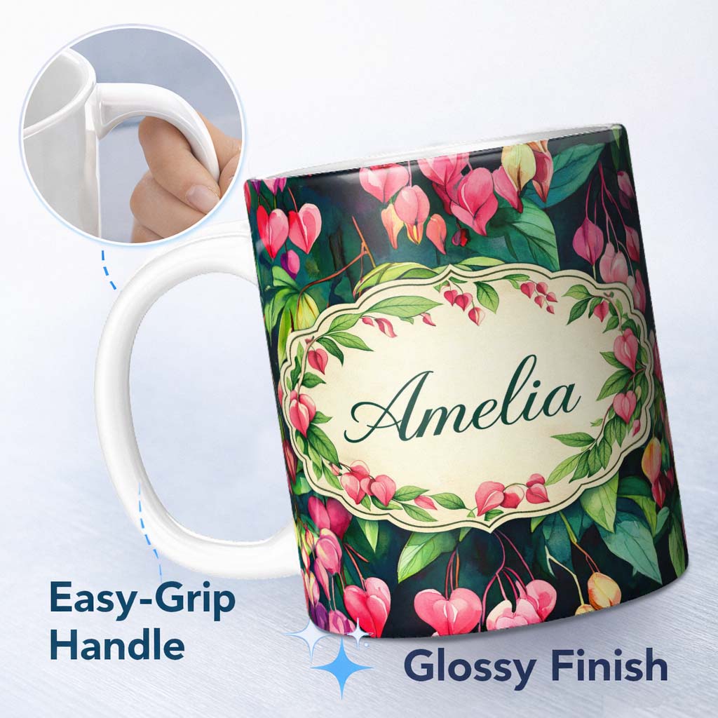 Personalized Custom Name Pink Bleeding Heart Flowers Botanical Watercolor Floral Pattern 11oz Ceramic Coffee Tea Mug White Large Handle