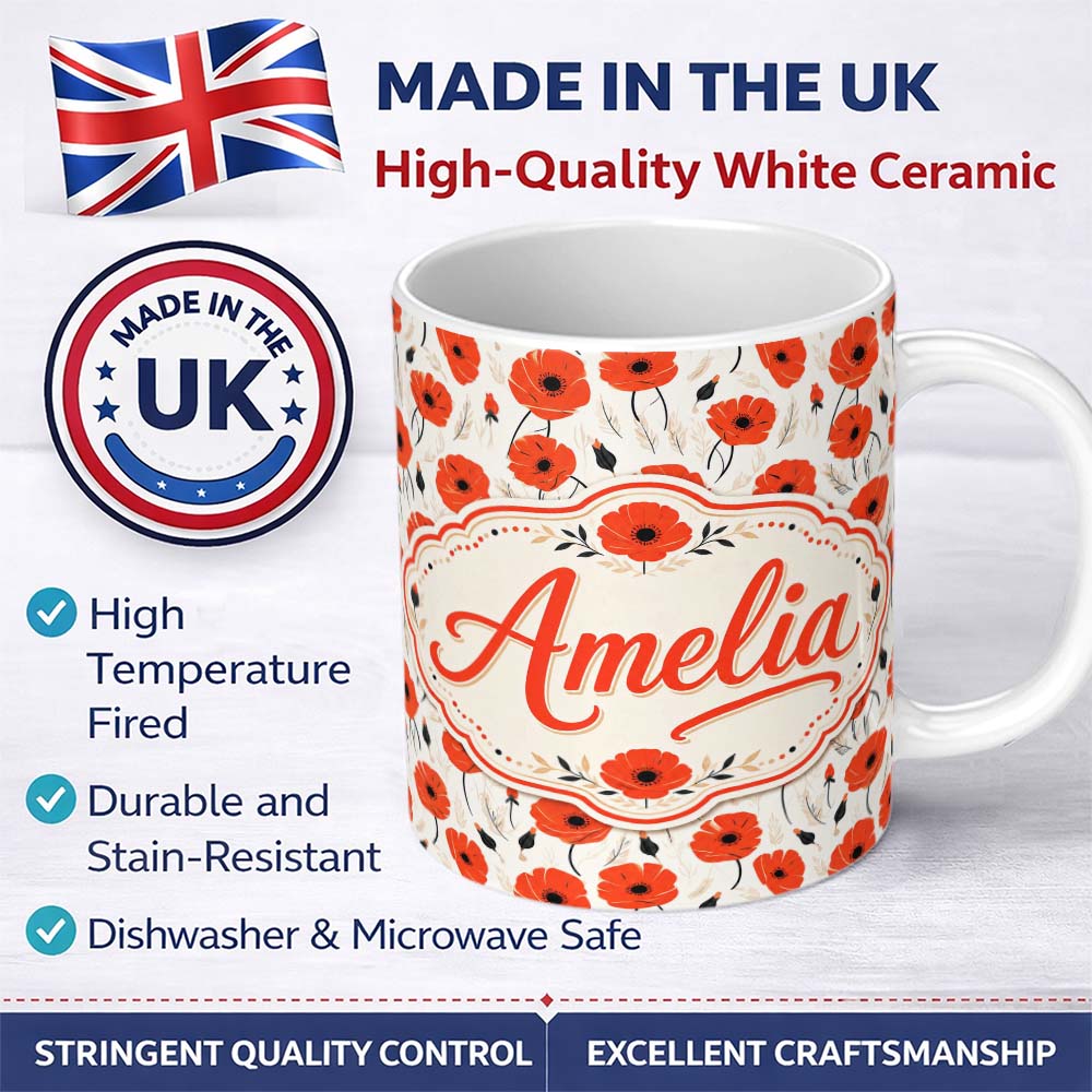 Personalized Custom Name Minimal Red Poppy Floral Pattern Elegant Botanical Seamless Design 11oz Ceramic Coffee Tea Mug White Large Handle