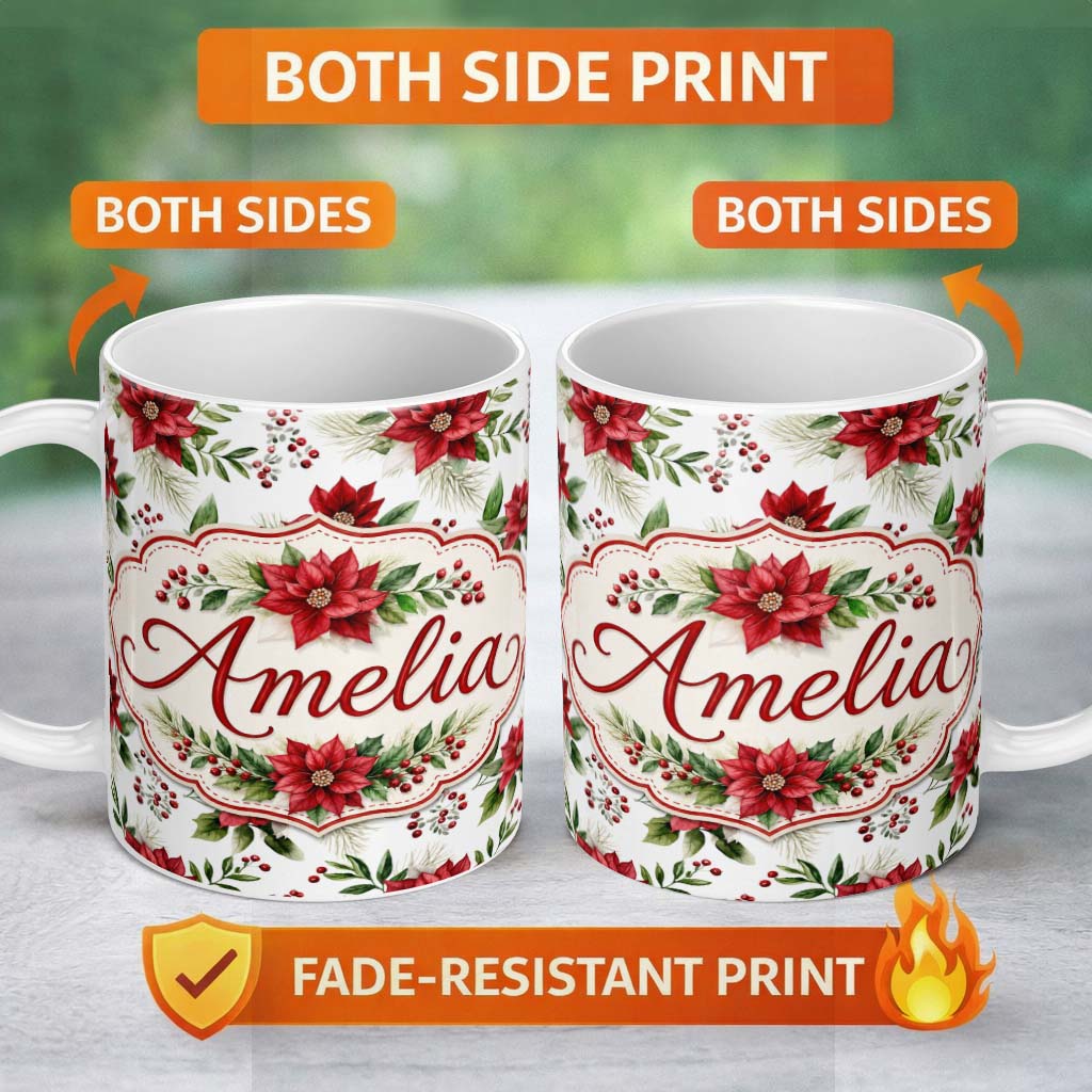 Personalized Custom Name Elegant Poinsettia Flower Berry Greenery Festive Seamless Pattern 11oz Ceramic Coffee Tea Mug White Large Handle