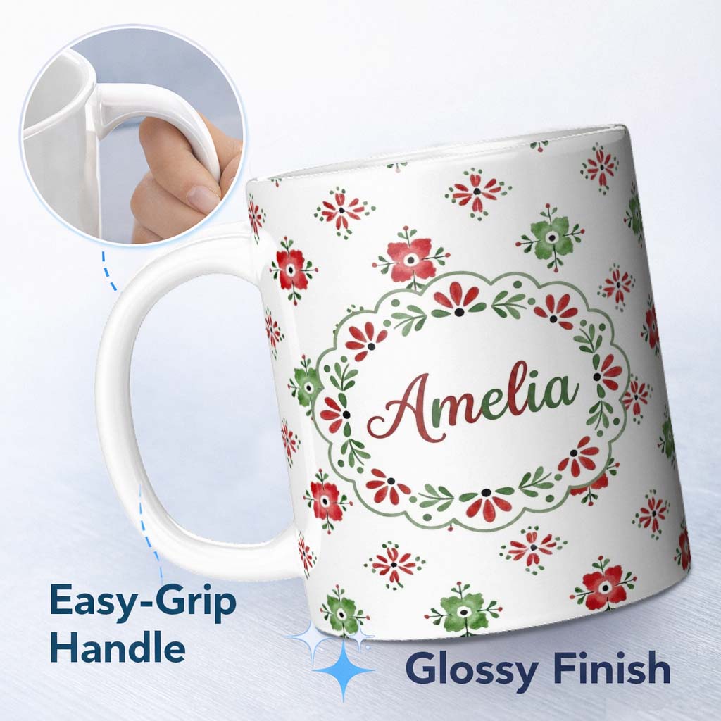 Personalized Custom Name Cute Scandinavian Style Red and Green Floral Pattern Christmas Folk 11oz Ceramic Coffee Tea Mug White Large Handle