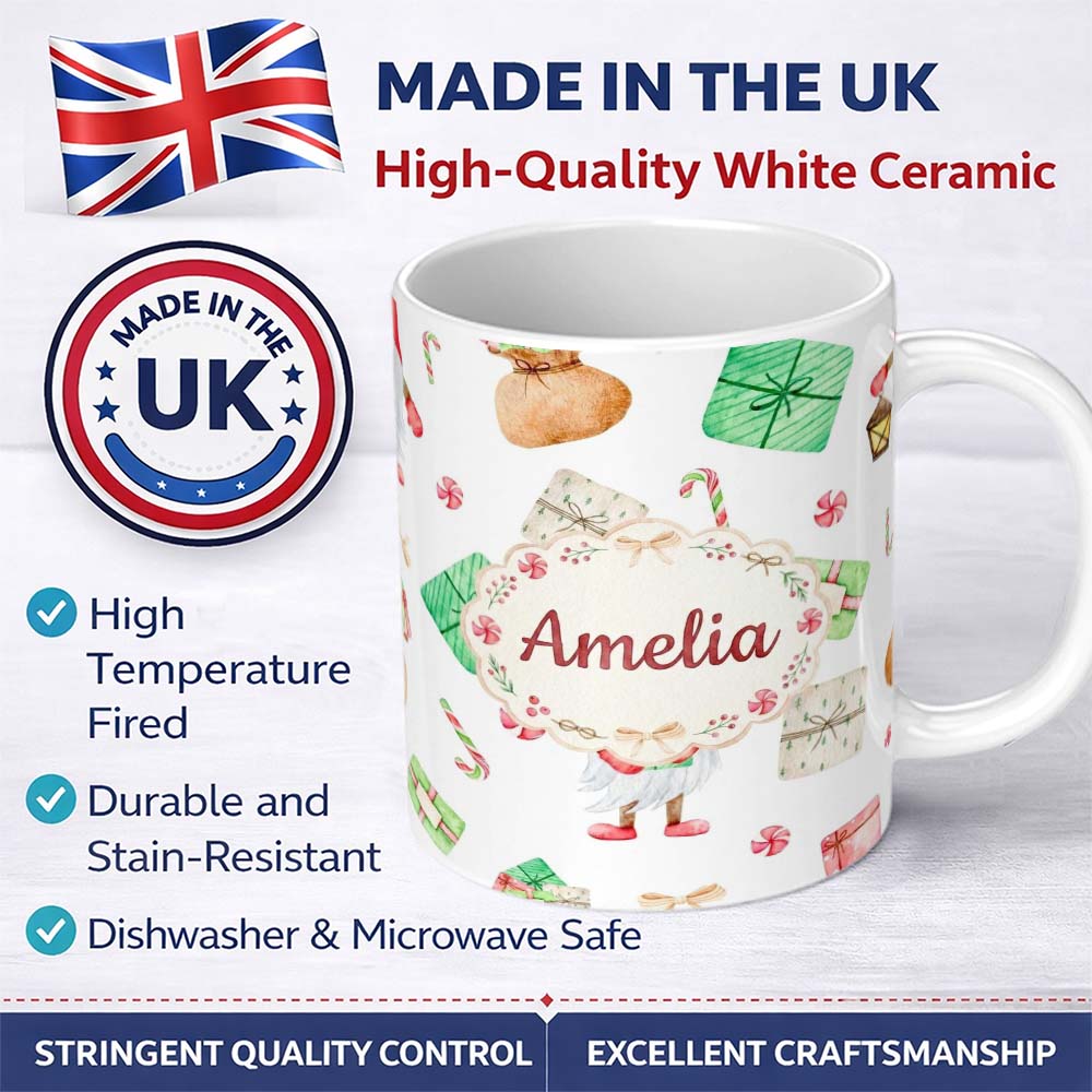 Personalized Custom Name Cute Christmas Gnome Present Candy Cane Holiday Seamless Pattern 11oz Ceramic Coffee Tea Mug White Large Handle
