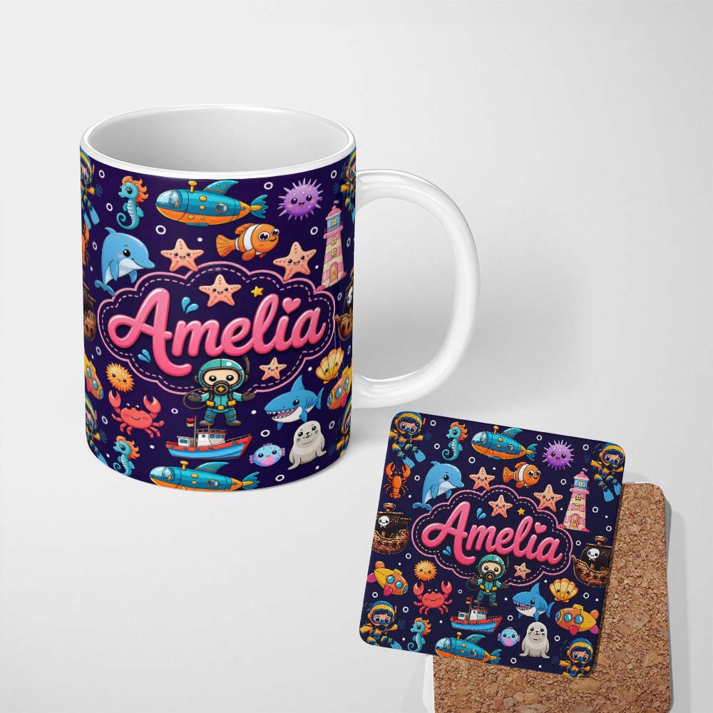 Personalized Custom Name Cartoon Ocean with Various Sea Creatures on Rich Purple Background 11oz Ceramic Coffee Tea Mug White Large Handle