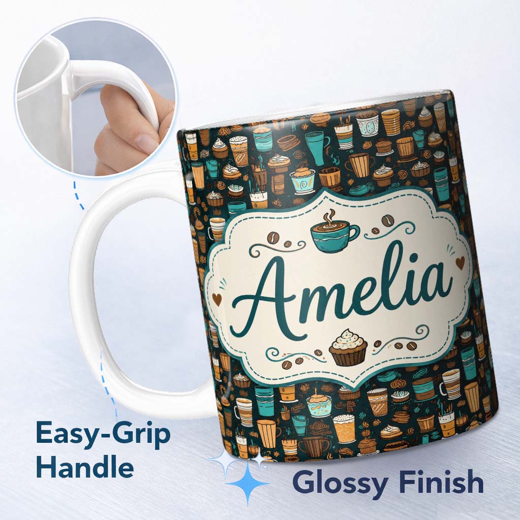 Personalized Custom Name Coffee Shop Drinks Desserts and Cups Detailed Seamless Pattern 11oz Ceramic Coffee Tea Mug White Large Handle