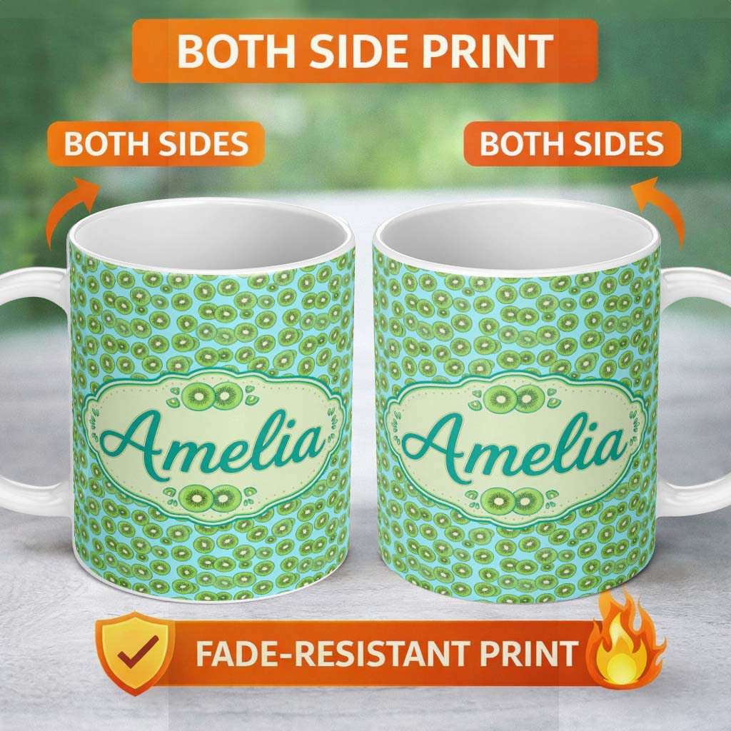 Personalized Custom Name Small Kiwi Slice Repeating Seamless Pattern on Blue Background 11oz Ceramic Coffee Tea Mug White Large Handle