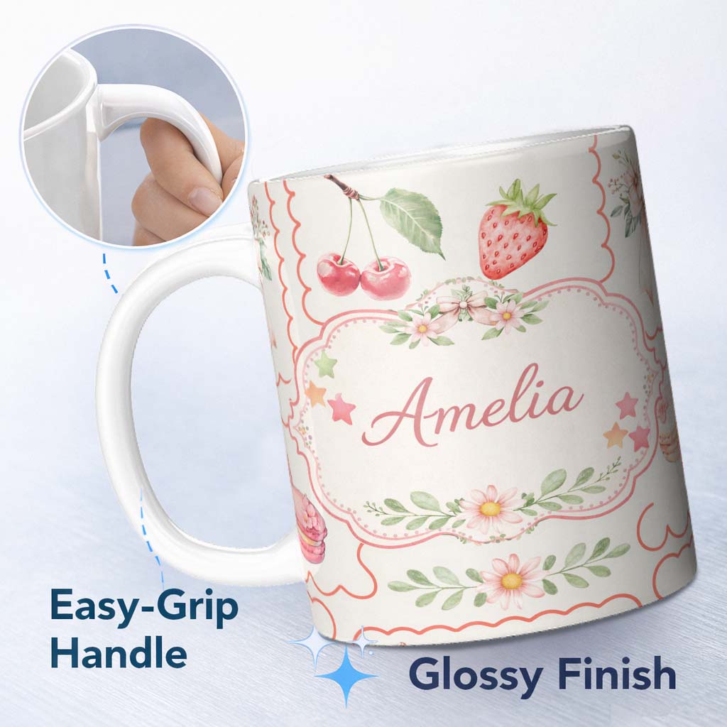 Personalized Custom Name Strawberry Cherry Bow Seamless Pattern Cute Pastel Coquette Design 11oz Ceramic Coffee Tea Mug White Large Handle
