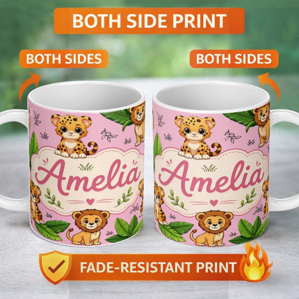 Personalized Custom Name Cute Jungle Animals Lion Tiger Leopard Tropical Leaves Soft Pink 11oz Ceramic Coffee Tea Mug White Large Handle
