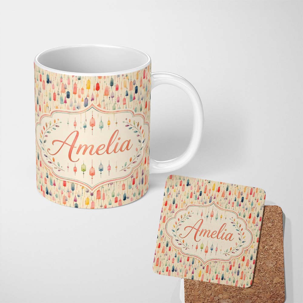 Personalized Custom Name Colorful Watercolor Hanging Tassels Abstract Soft Background Lovely 11oz Ceramic Coffee Tea Mug White Large Handle