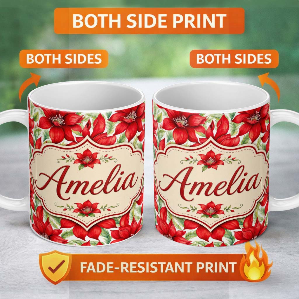 Personalized Custom Name Watercolor Red Floral Bloom White Background Seamless Pattern Lovely 11oz Ceramic Coffee Tea Mug White Large Handle