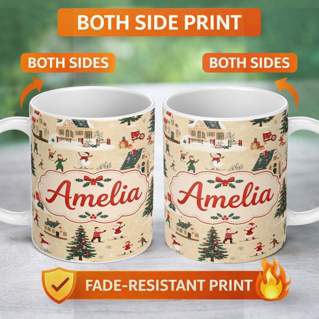 Personalized Custom Name Classic Winter Village Ice Skating Christmas Scene Seamless Pattern 11oz Ceramic Coffee Tea Mug White Large Handle