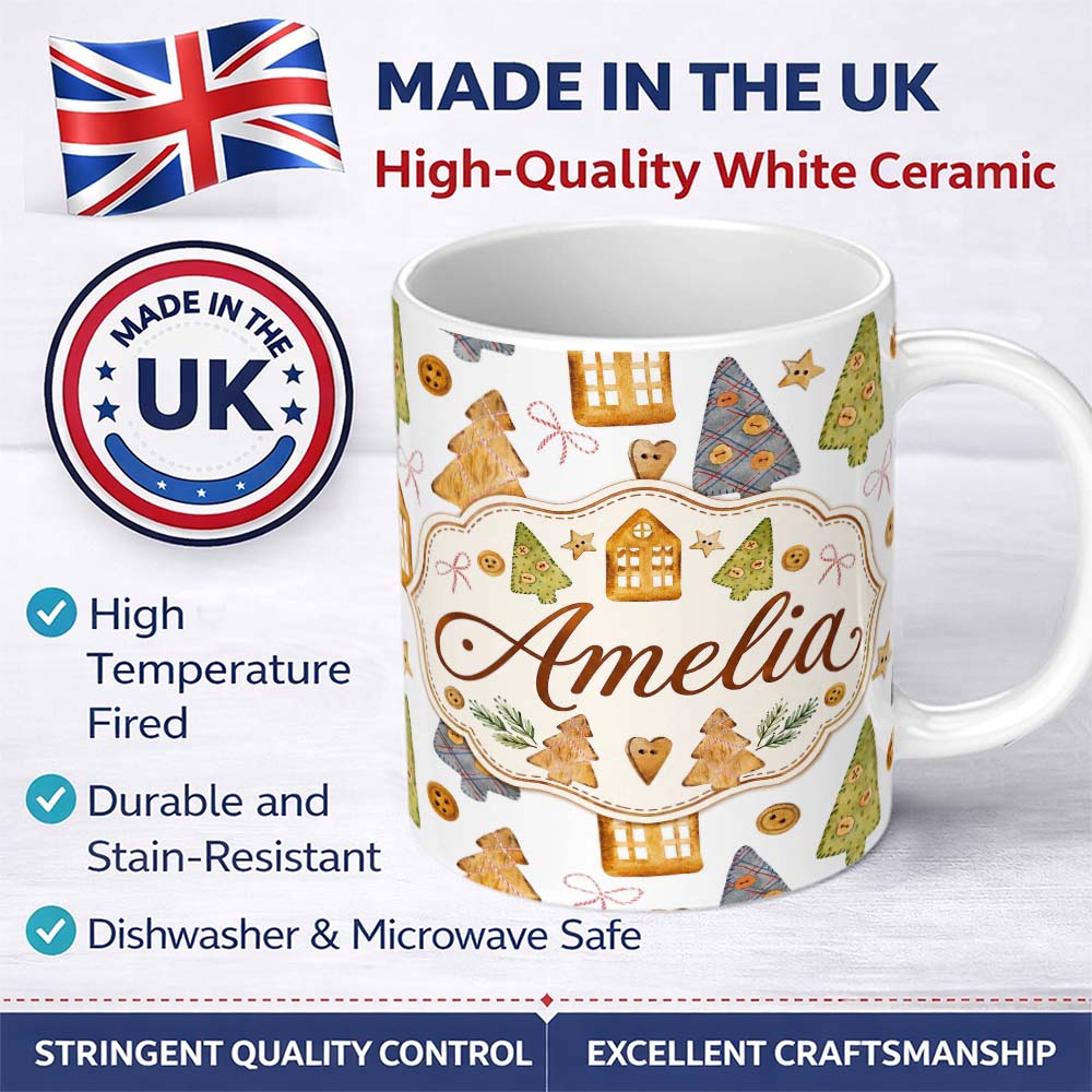 Personalized Custom Name Rustic Christmas Cookies Trees Houses Buttons Seamless Pattern 11oz Ceramic Coffee Tea Mug White Large Handle