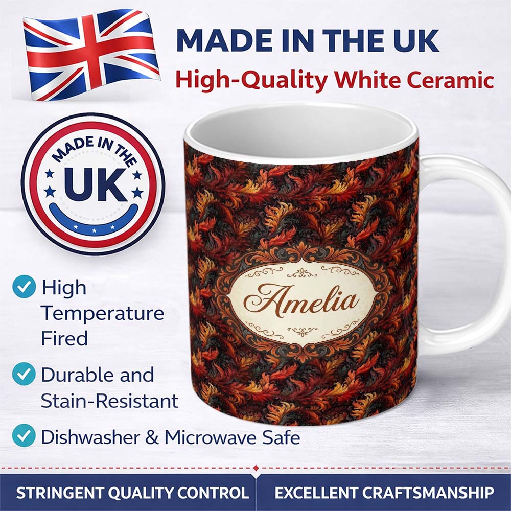Personalized Custom Name Rich Red Gold Ornamental Leaf Swirl Seamless Pattern Lovely 11oz Ceramic Coffee Tea Mug White Large Handle