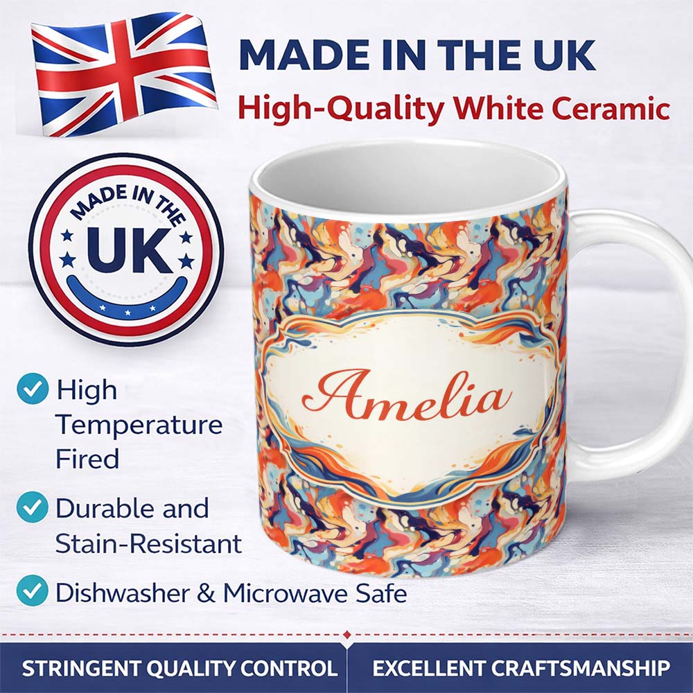 Personalized Custom Name Vibrant Retro Marble Swirl Blue Orange Cream Abstract Pattern Lovely 11oz Ceramic Coffee Tea Mug White Large Handle