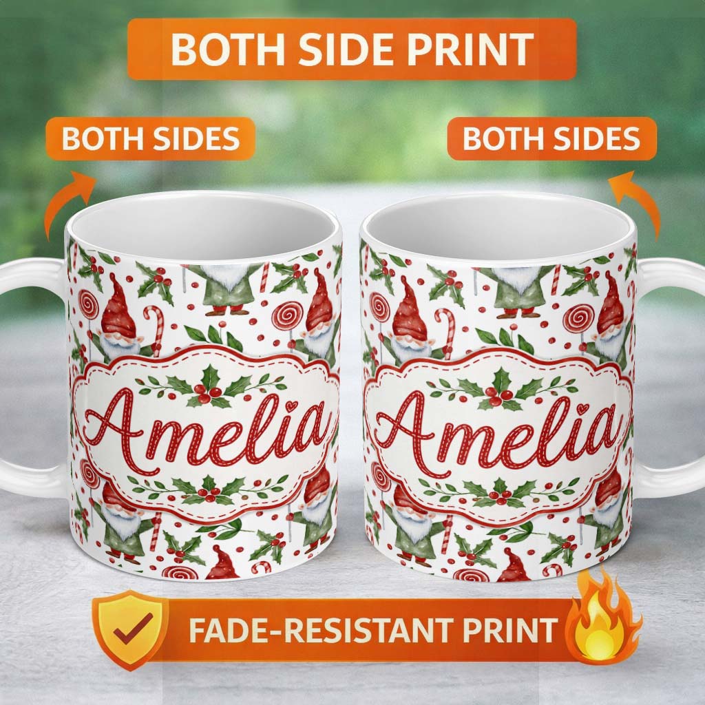 Personalized Custom Name Scandinavian Red White Christmas Cookie Seamless Pattern Lovely 11oz Ceramic Coffee Tea Mug White Large Handle