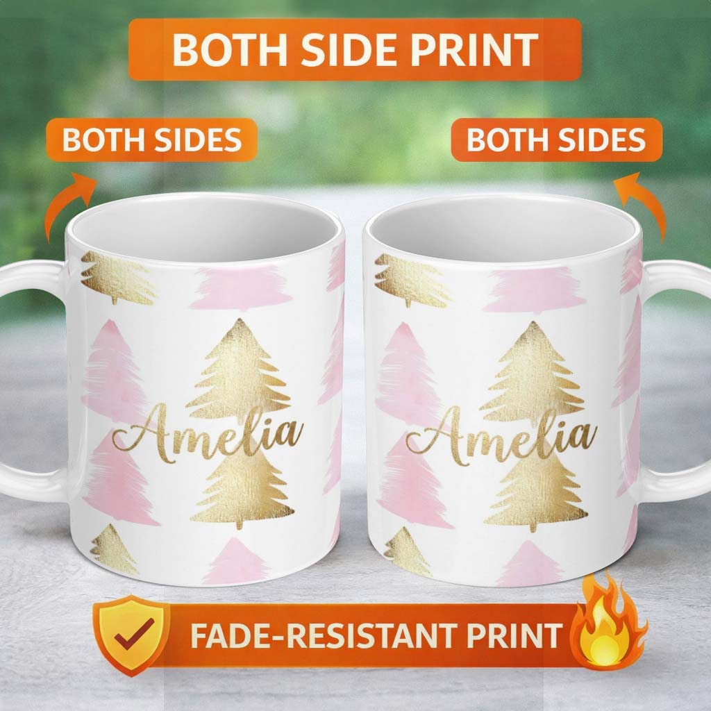 Personalized Custom Name Minimal Pink and Gold Christmas Tree Modern Seamless Pattern Lovely 11oz Ceramic Coffee Tea Mug White Large Handle