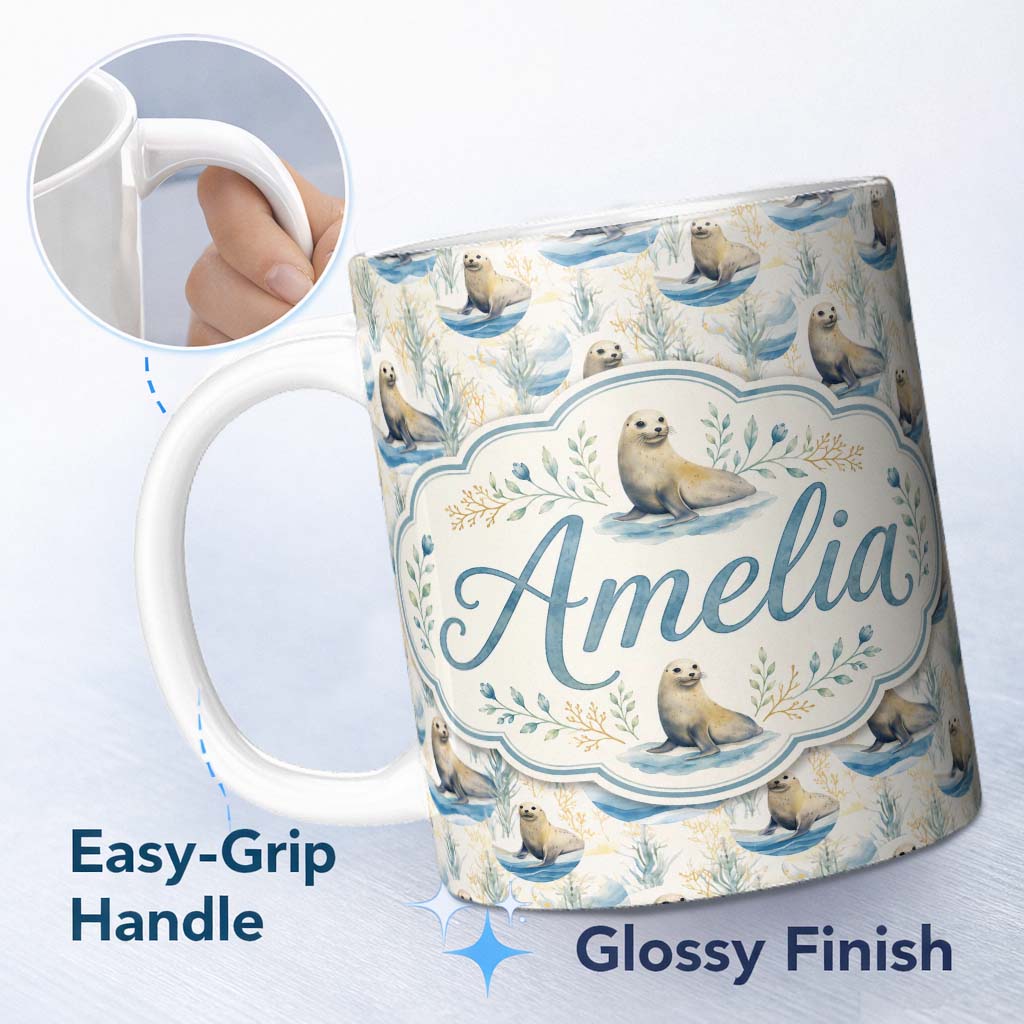 Personalized Custom Name Adorable Seal Illustration with Coastal Plants Soft Circle Layout 11oz Ceramic Coffee Tea Mug White Large Handle