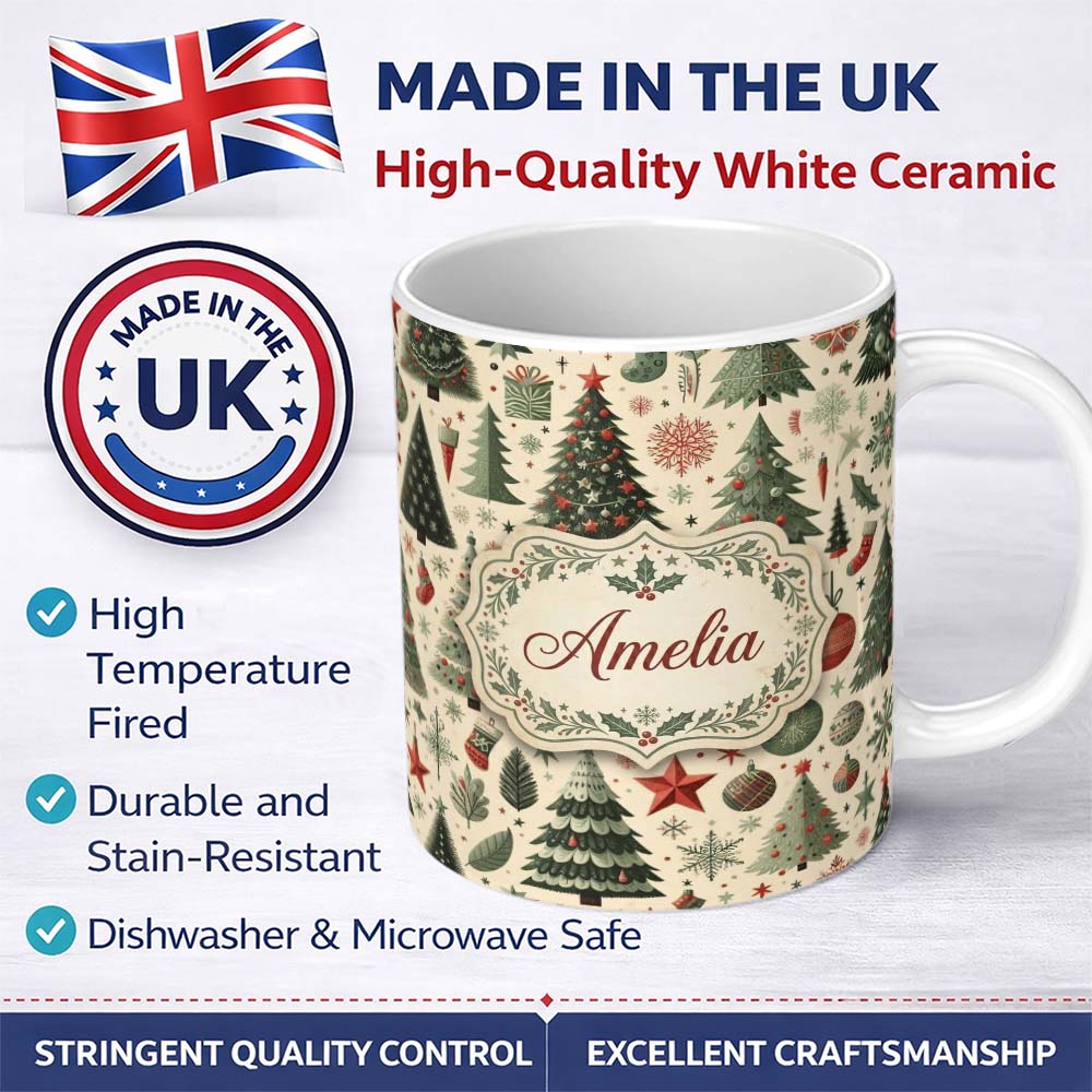 Personalized Custom Name Festive Christmas Trees Gifts Snowflakes and Ornaments Seamless 11oz Ceramic Coffee Tea Mug White Large Handle