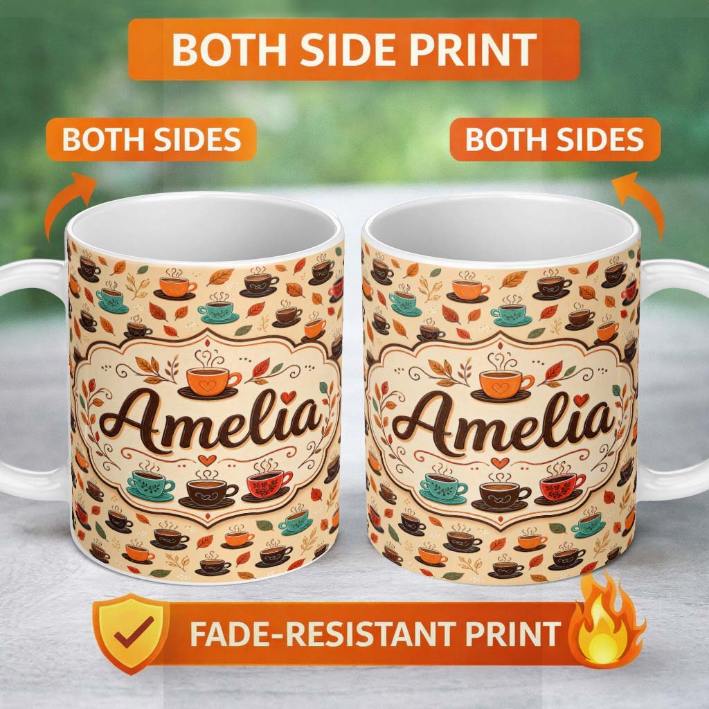 Personalized Custom Name Autumn Coffee Cups with Falling Leaves Seamless Pattern Lovely 11oz Ceramic Coffee Tea Mug White Large Handle