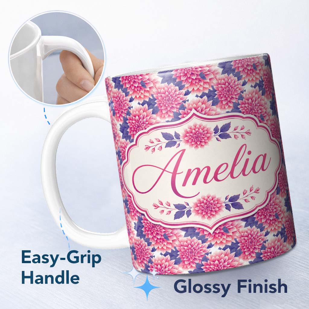 Personalized Custom Name Pink Dahlia Floral Bloom with Soft Purple Leaves Seamless Pattern 11oz Ceramic Coffee Tea Mug White Large Handle