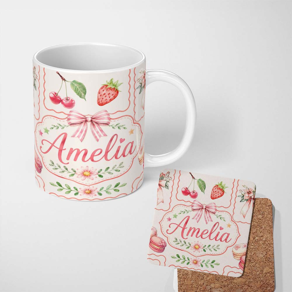 Personalized Custom Name Cute Strawberry Cherry Ribbon Bow Sweet Dessert Pattern Light Cream 11oz Ceramic Coffee Tea Mug White Large Handle