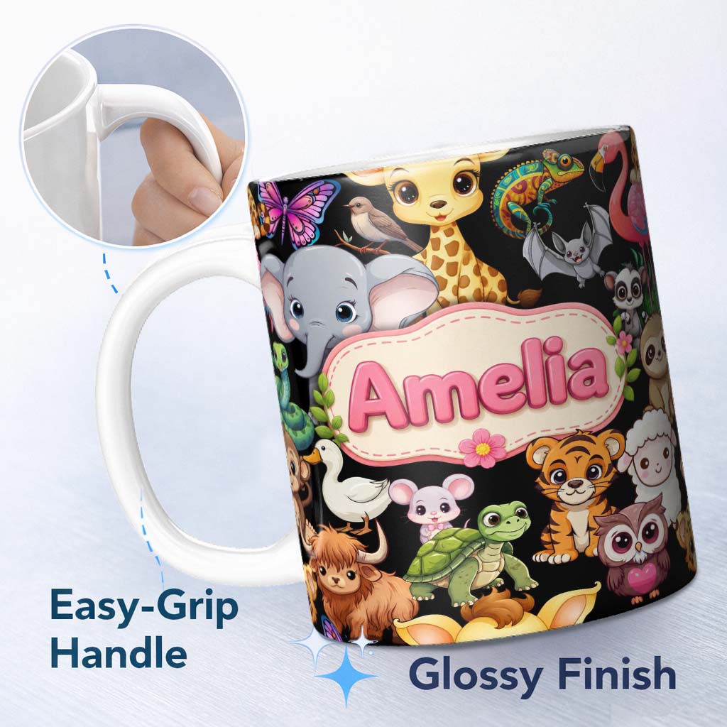 Personalized Custom Name Cute Cartoon Jungle Safari Animals Seamless Pattern on Black Lovely 11oz Ceramic Coffee Tea Mug White Large Handle