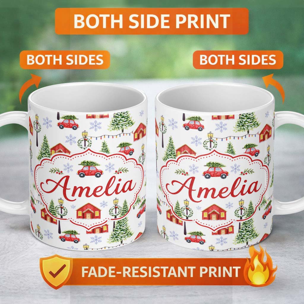 Personalized Custom Name Watercolor Winter Village Houses Trees Cars Snow Seamless Pattern 11oz Ceramic Coffee Tea Mug White Large Handle